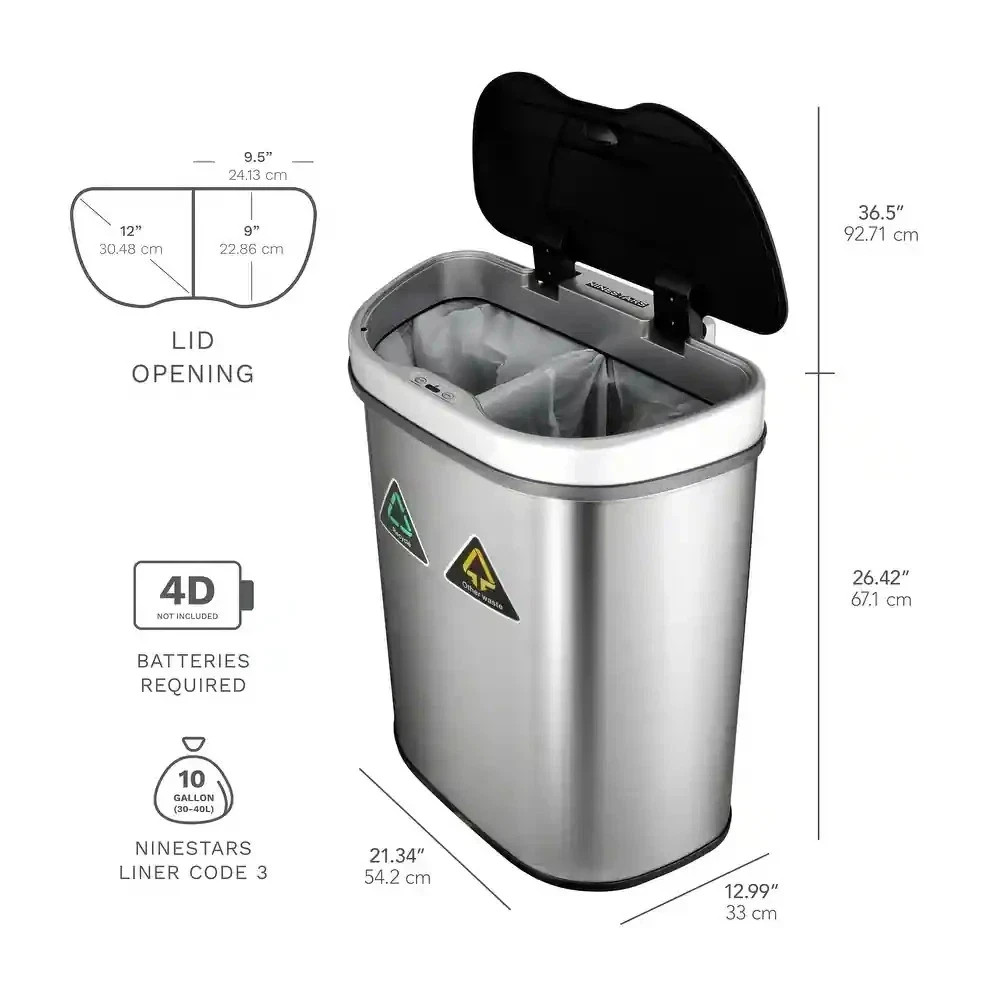NINESTARS 18 Gallon Dual Compartment Motion Sensor Trash Can DZT-70-11R Silver