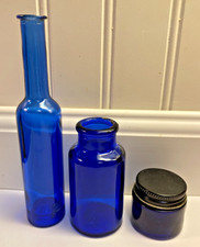 Lot of 3 Cobalt Blue Glass Bottles Jars Estate Sale Find