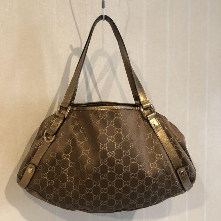 Authentic Gucci GG Pattern Gold Brown Shoulder Tote Handbag Excellent Condition
