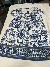 Blue & White Jacobean Floral Knit T-shirt Dress Women’s Large Six New Tags