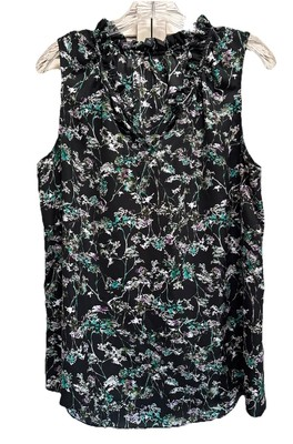 #ad #ad Simply Vera Wang Black Green Floral Chiffon Sleeveless Blouse Size Medium Ruffle $8.99