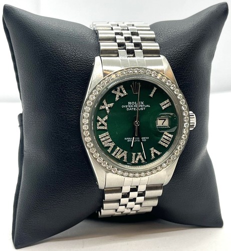 VINTAGE 1979 ROLEX STAINLES DATEJUST MANS WATCH 16014 GREEN DIAMOND DIAL & BEZEL