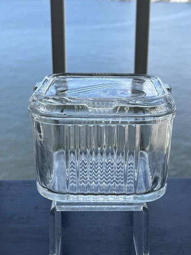 Vintage Federal Glass Refrigerator Dish & Lid 4" Square Embossed Veggies USA