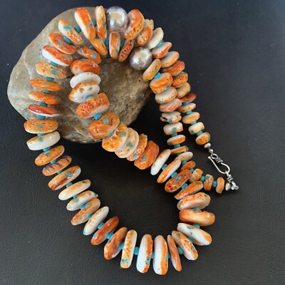 Womens Turquoise & Spiny Oyster Sterling Silver Beads Necklace 12733