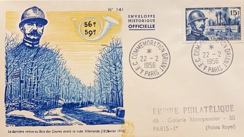 P) 1956 FRANCE, FDC, COLONEL DRIANT STAMP, COMMAND POST BOIS DES CAURES, GERMAN