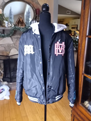 BooHoo Man Varsity Jacket Black, White Hoodie Patches, Embroidery Men's Small - Picture 13 of 18