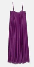 NEW Purple Lace Trim ZARA Voluminous Strappy Flowing Pleated Maxi Dress M 12