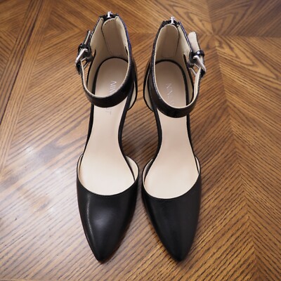 NINE WEST Blugrass Black Leather High Heel D'Orsay Ankle Strap Shoes Size 6.5M