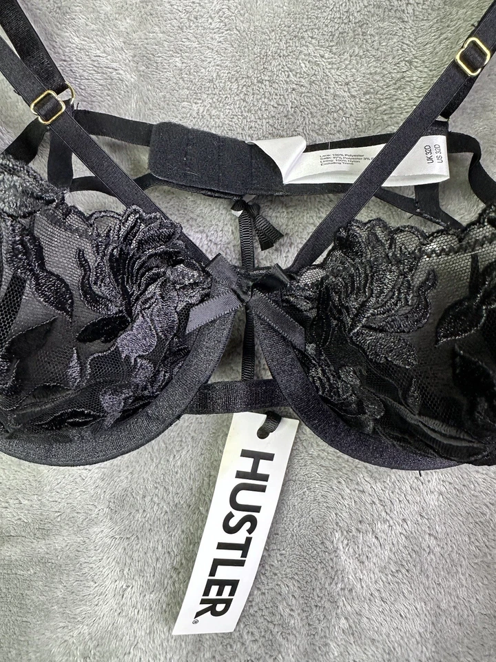 Hustler Lingerie Bra Women’s 32D Push Up Floral Embroidered Mesh Black New - Image 3 of 4