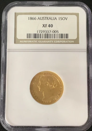 1866 Australia Queen Victoria Gold Sovereign NGC XF 40