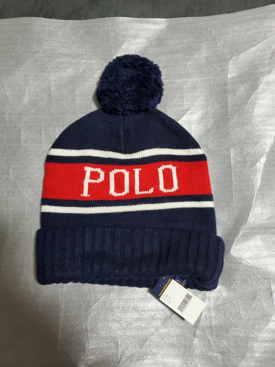Polo RALPH LAUREN Red White Blue Polo USA Cuffed POM Knit Beanie