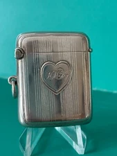 STERLING SILVER VESTA CASE WITH HEART DESIGN ENGRAVING BIRMINGHAM 1911