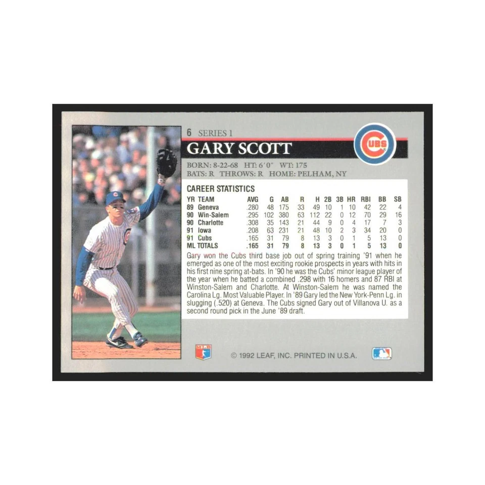 1992 Leaf Gary Scott Cubs #6.0 - Image 2 of 3
