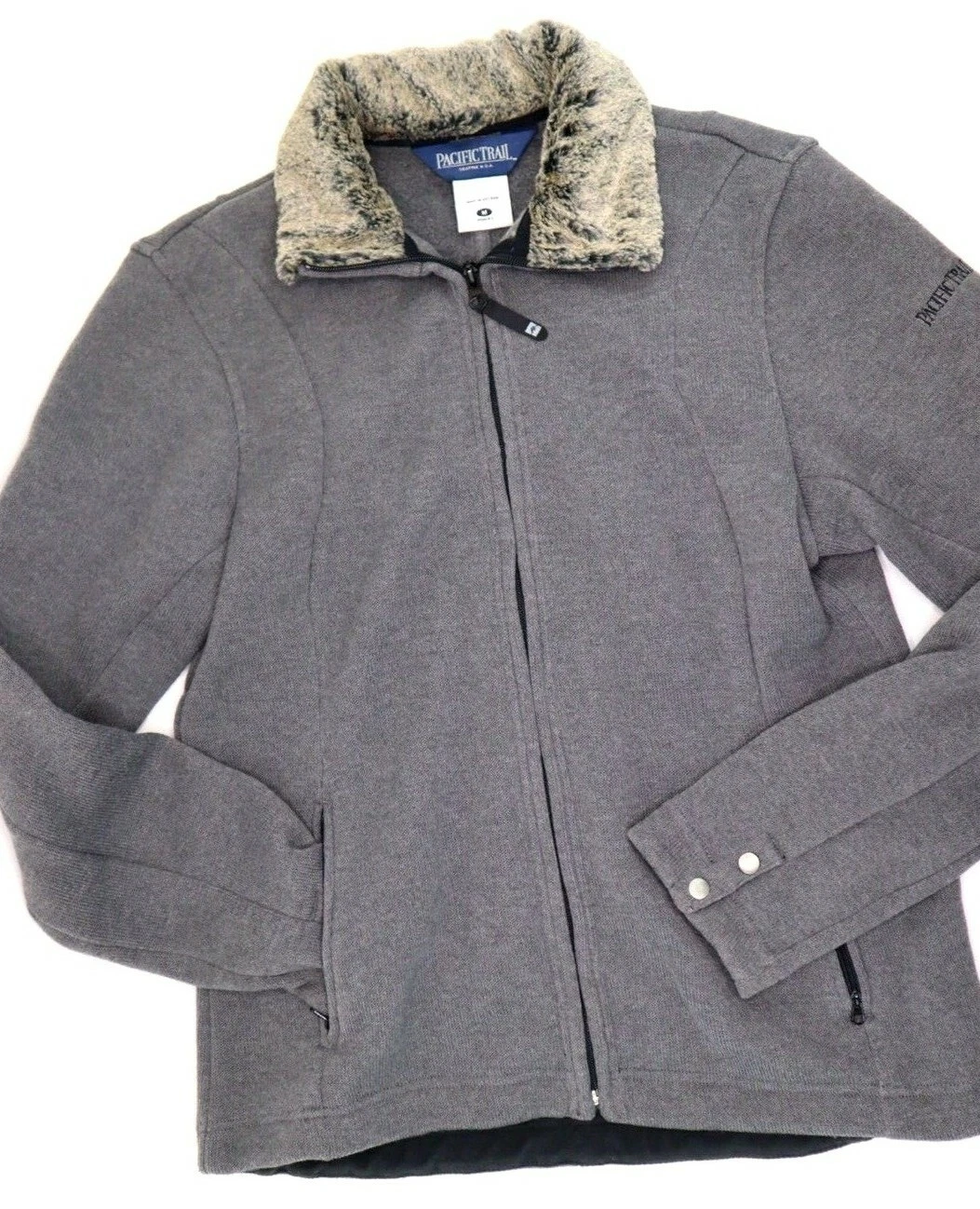 Pacific Trail Knit Fleece Zip Up Jacket Gray Outerwear Faux Fur Collar Unisex M