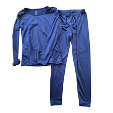 Navy 2 Piece Pajama Set Womens S Solid Long Sleeve Fleece Lined Satiny Stretch