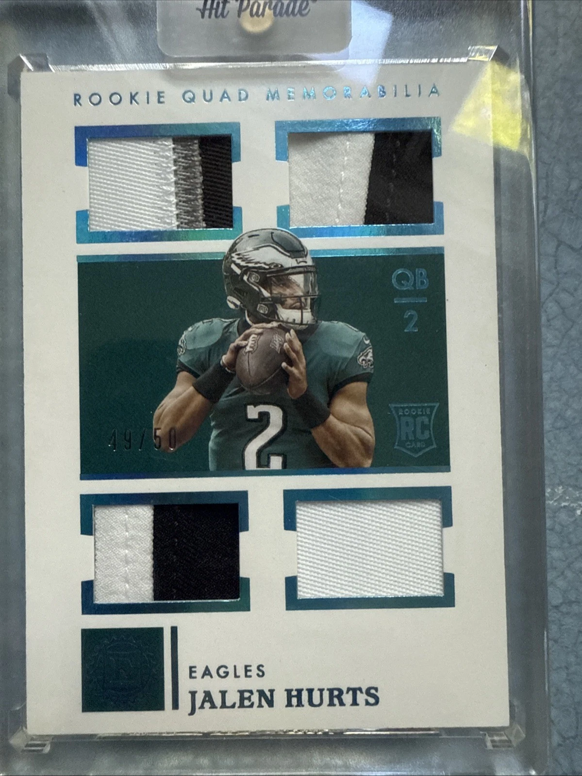 Jalen Hurts Panini Encased Rookie Quad Memorabilia #RQ13 Sapphire