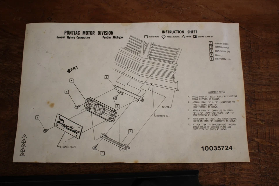 KIT DE MONTAJE DE PLACA FRONTAL PONTIAC 6000/SUNBIRD PT # 10035724 OEM NOS Foto 4 de 4