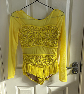 Weissman Yellow Sequin Mesh Fringe Long Sleeve Jazz Dance Costume 2 Piece LC