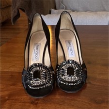 Jimmy Choo Black Rhinestone Bow Peep Toe Stiletto Heels