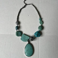 Vintage Chico’s Turquoise Statement Pendant Necklace Silver Tone Beads Signed