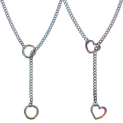 2 Pcs Gradient Slip Chain Necklace, O Ring Heart Ring Chokers for Women Men Punk