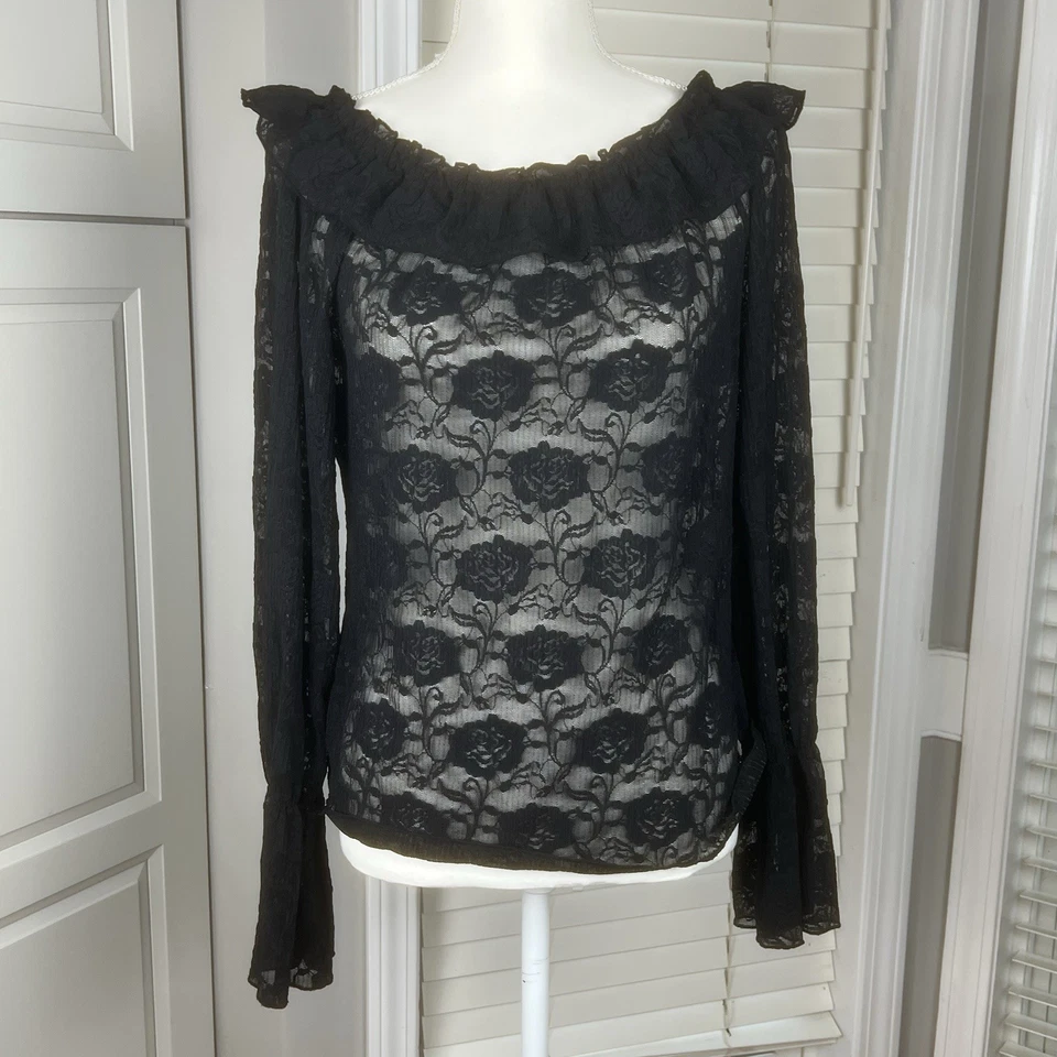 Blusa Express Y2K Negra Transparente Encaje Fuera del Hombro Talla M Sexy Manga Volantes Foto 2 de 4