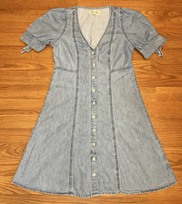 MADEWELL Blue Denim Chambray A-Line Mini Dress Puff Sleeve Button Front 00 XS