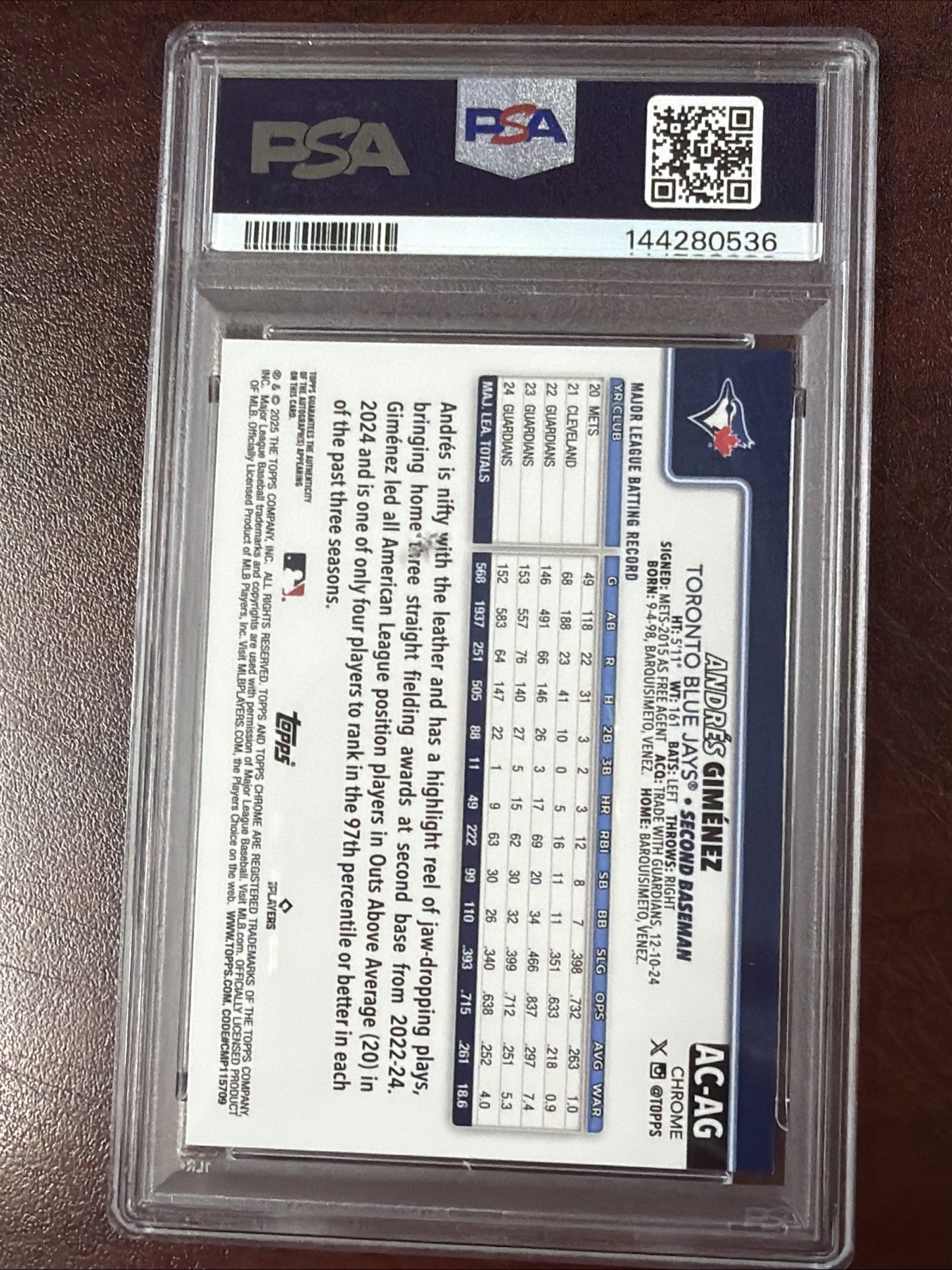 2025 Topps Chrome Update #AG - Andres Gimenez Gold Wave Auto /50 view 3