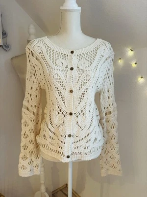 🌿 Boho Häkeljäckchen, Strickjäckchen in Creme/Beige, Gr. S/M - Neu! 🌿 - Bild 1 von 4