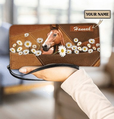 Personalized Love Brown Horse Leather PU Clutch Purse, Horse Daisy Wallet Gift