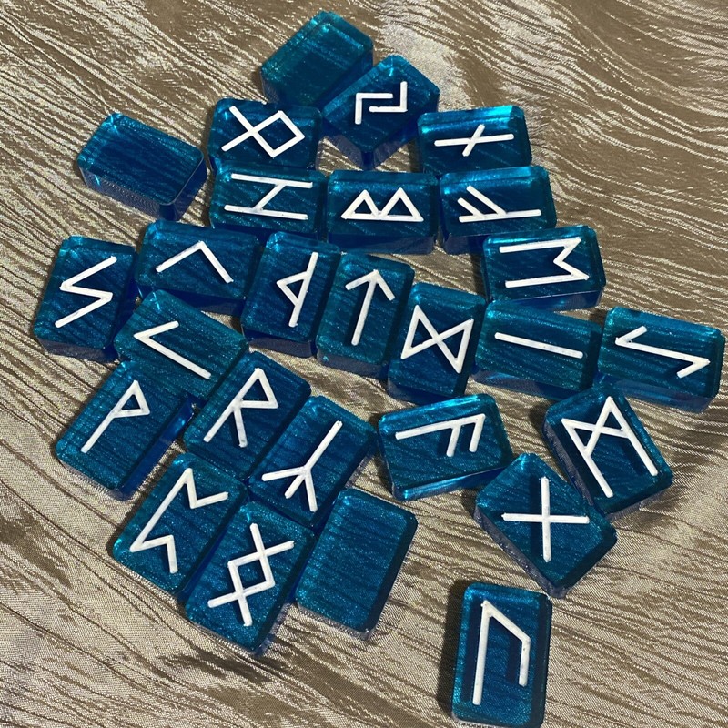 Bright Blue Translucent Resin Rune Stones, Elder Futhark, Pagan, Set Of 27