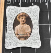 Vintage miniature picture frame white floral metal Taiwan 1.5"x2"