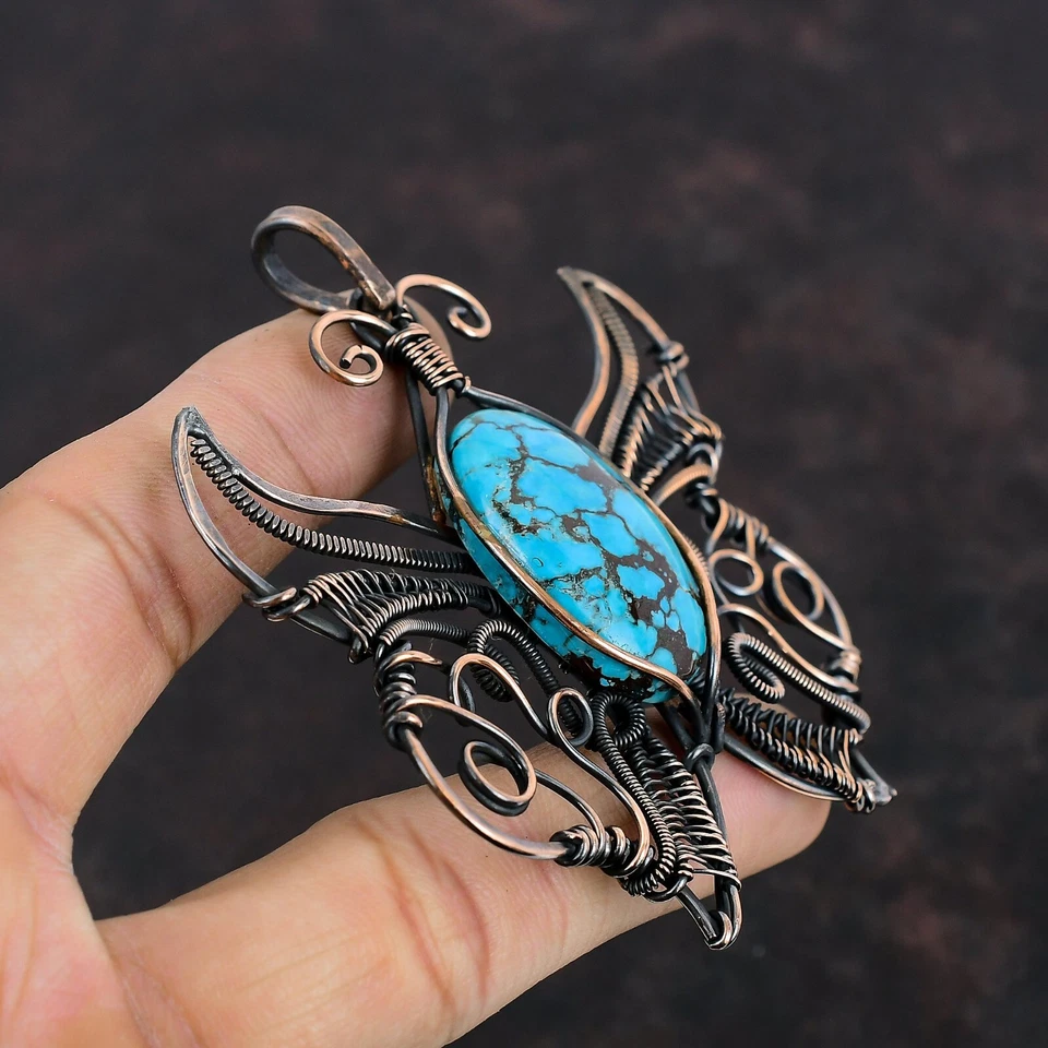 Copper Tibetan Turquoise Gemstone Wire Wrapped Butterfly Anniversary New Pendant - Image 3 of 4