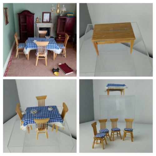 VINTAGE 1980s Dolls House Miniatures 1:12 - Rustic Beech Dining Table 4 Chairs. - Afbeelding 1 van 8