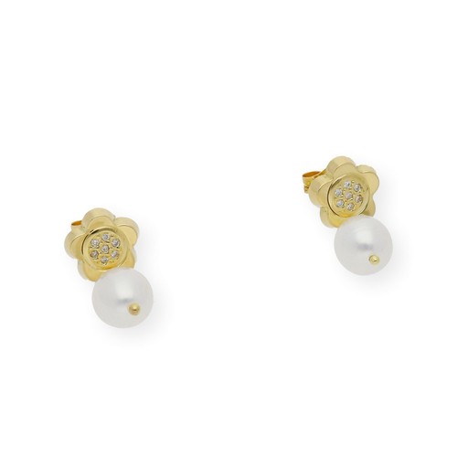 Pendientes Flor con Perlas Blancas y Diamantes en Oro de ley 18k Joya Artesanal - Imagen 3 de 7