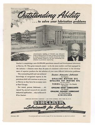 1947 Sinclair Industrial Lubricants Ad: Harvey, Illinois Research Center Picture