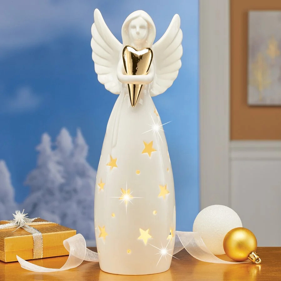 LED Lighted White Star Angel Figurine Holding Gold Heart 12