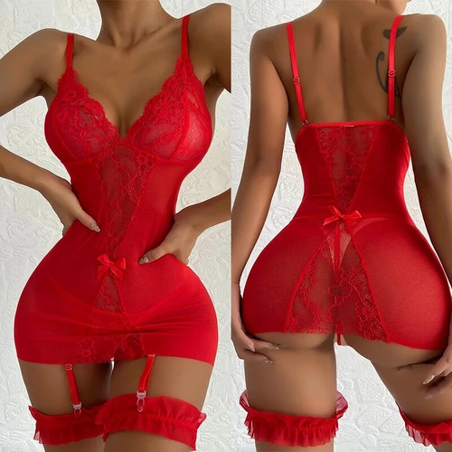 Spitze Babydoll Nachthemd - sexy Nachtwäsche mit Strumpfgürtel, Dessous Set für Damen - Bild 8 von 10