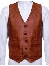 Mens Soft Tan Leather Waistcoat Classic Casual Formal Traditional Gilet Vest
