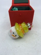 Snow Filled Plastic Snowman Head Yellow Hat Christmas 3" Ornament Winter Decor