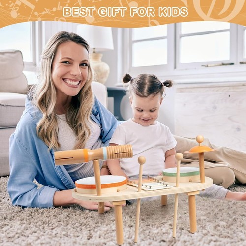 Wooden Kids Drum Set For Toddlers 3-5 Preschool Educational Baby Musical Gift - Picture 8 of 10