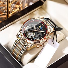 Mens Watch Automatic 46mm Date Stainless Steel Red Bezel Black  