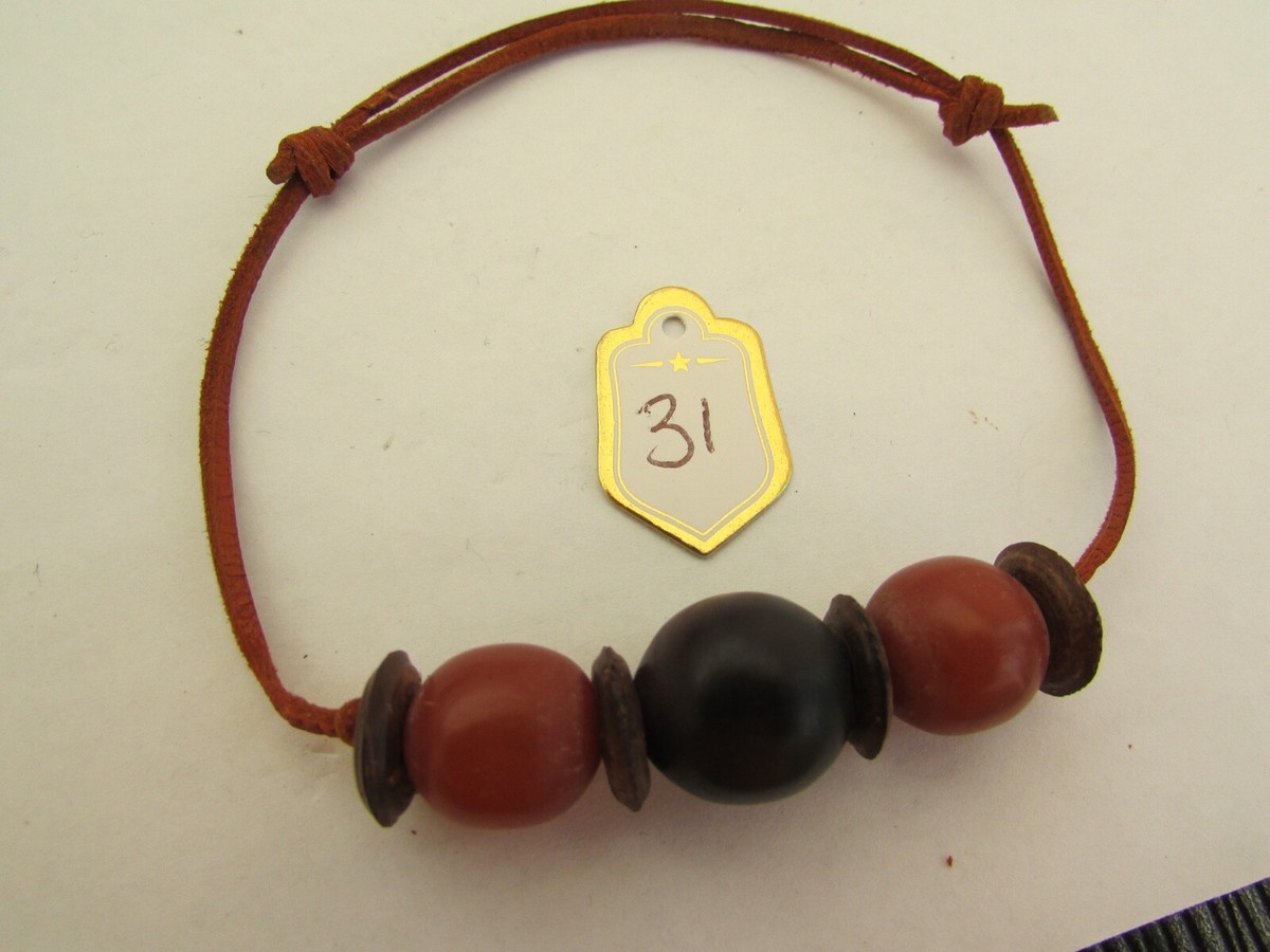 x WOOD RESIN BEADED ADJUSTABLE BROWN LEATHER CORD BRACELET