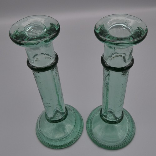 Pair Green Glass Bottle Candle Stick Holders Recycle Upcycle Art Handcrafted 8" - Picture 10 of 12