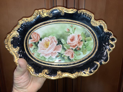 Vintage Hand Painted Porcelain Oval Tray Pink Floral Black Gold Ornate Trim - Picture 2 of 12