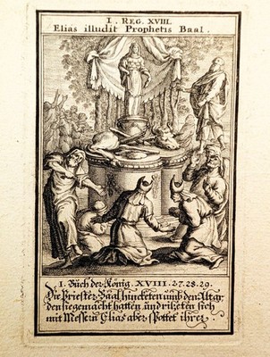 Kupferstich von 1695.  Elia gegen Baalspriester. Christoph Weigel: