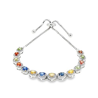 925 Sterling Silver Natural Sapphire Multicolor Oval Bracelet Adjustable