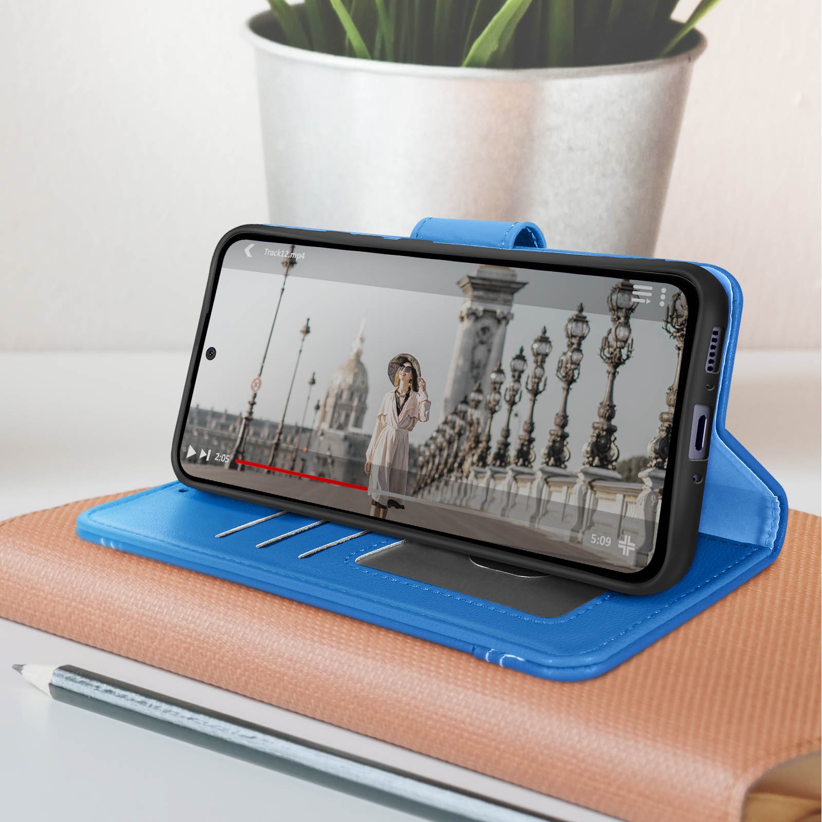 Housse Galaxy A54 5G bleu multi-compartiments et support vidéo - 4