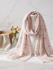 Women's Pink Floral Georgette Chiffon Scarf Elegant Lightweight Shawl