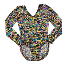 GK Elite VTG 80s Oceanic Memphis Geometric Leotard Long Sleeve Size AM Adult M